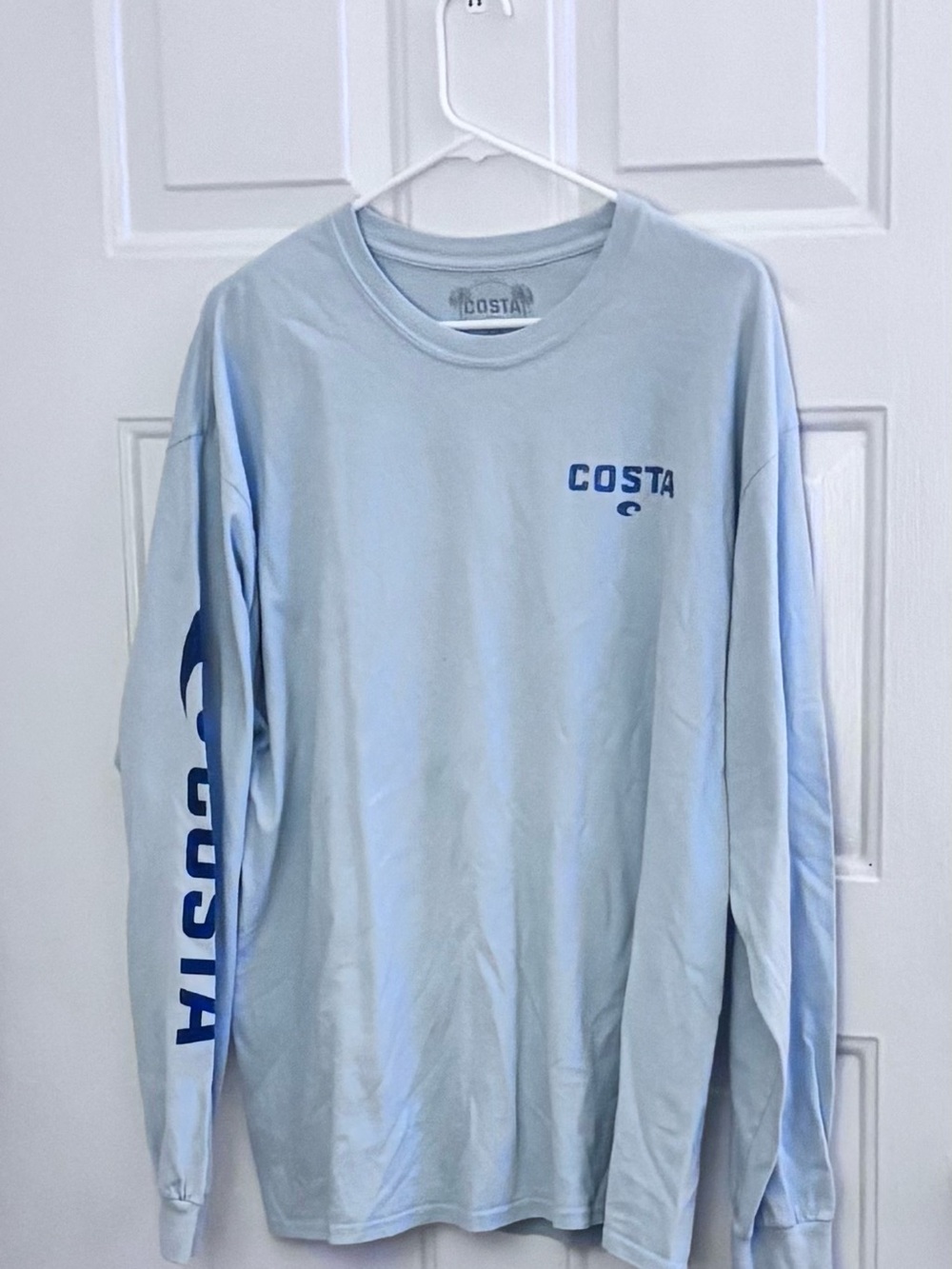 Costa Light Blue Long Sleeve Logo Tee with Navy Sleeve Graphic